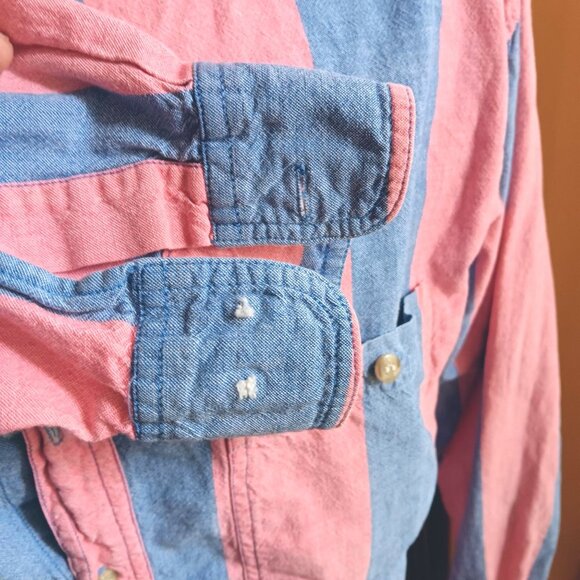 Vintage Medium Denim Shirt Men's 90's Oxford County Seat Striped Button-Down - Picture 4 of 7